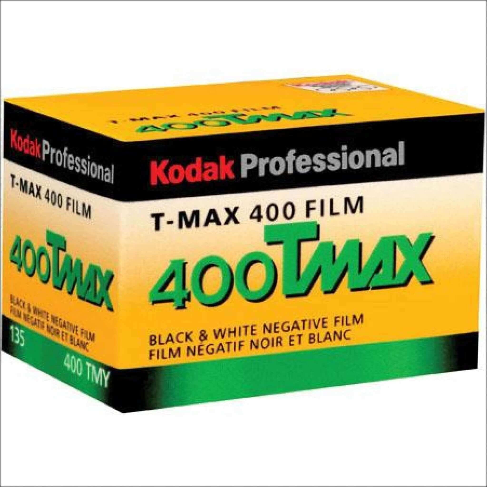Kodak professional t-max 400 film box in vibrant yellow, green, and black with bold lettering for black & white negative film.