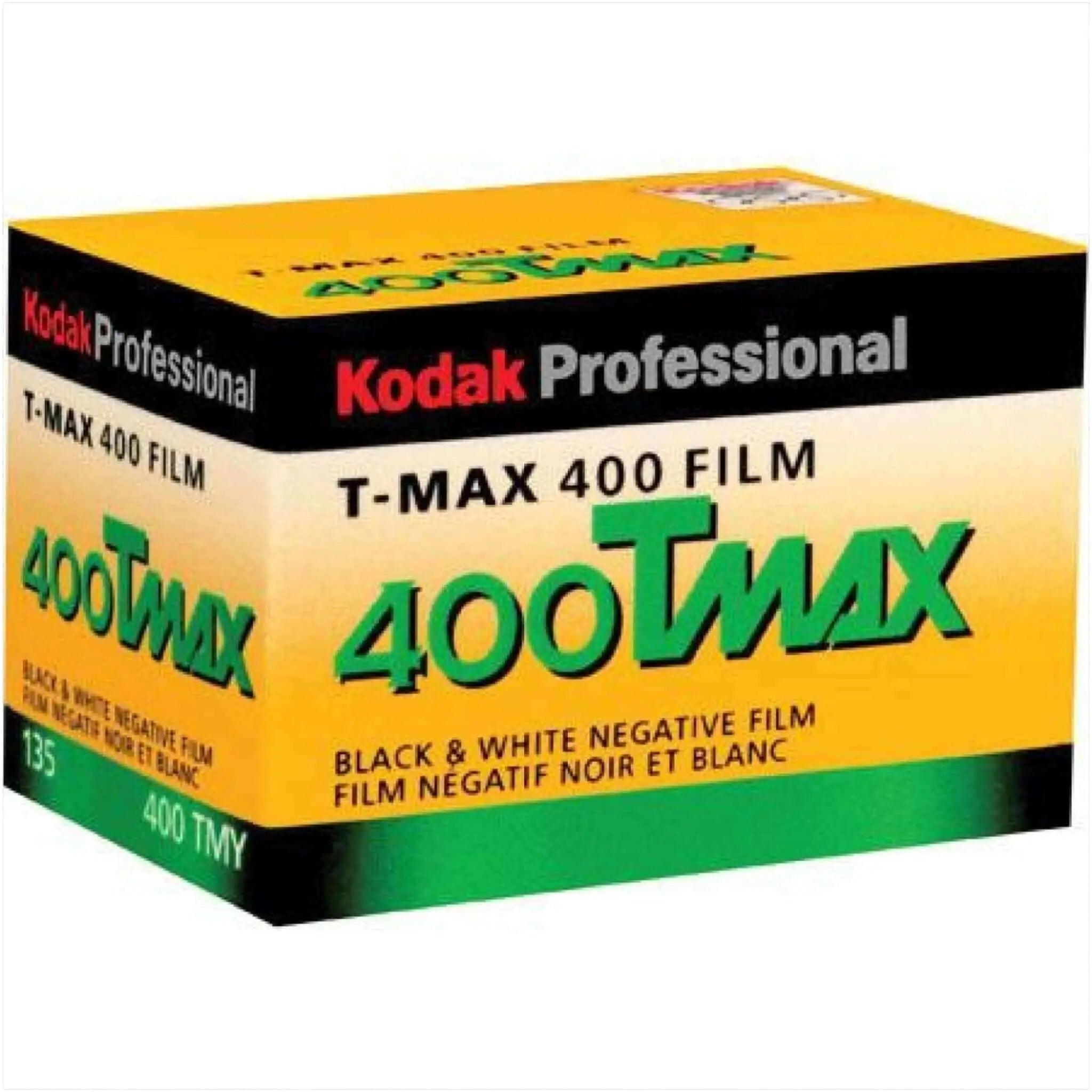 Kodak professional t-max 400 film box in vibrant yellow, green, and black with bold lettering for black & white negative film.