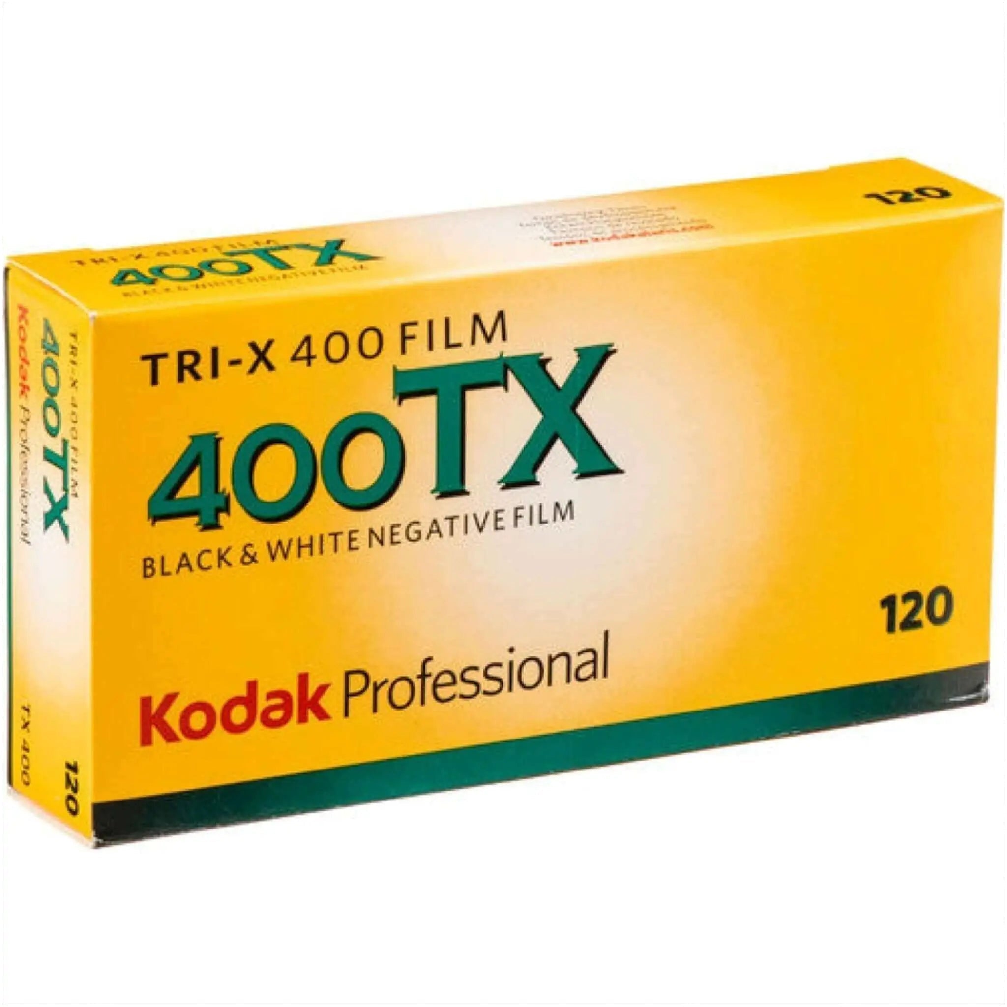 Yellow box of kodak professional tri-x 400tx black and white negative film, designed for 120 format.