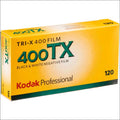 Yellow box of kodak professional tri-x 400tx black and white negative film, designed for 120 format.