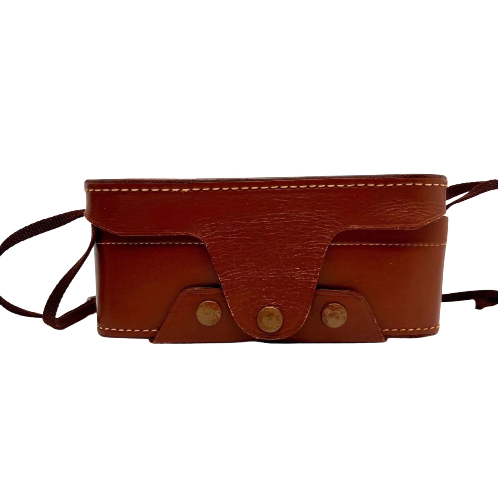 Brown leather camera case with tan stitching and brass-toned metal fasteners.