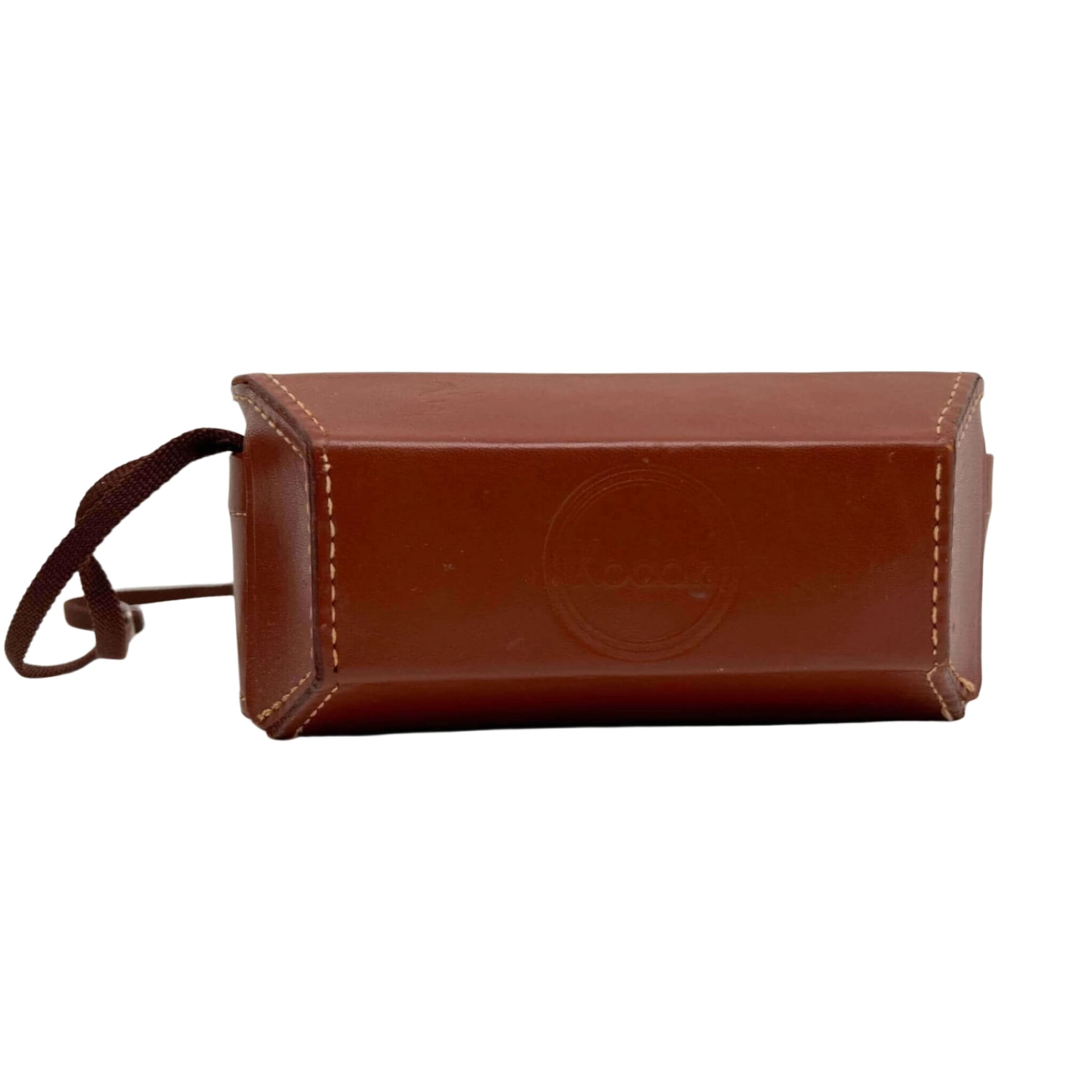 Brown leather camera case with a matching fabric strap and light-colored stitching.