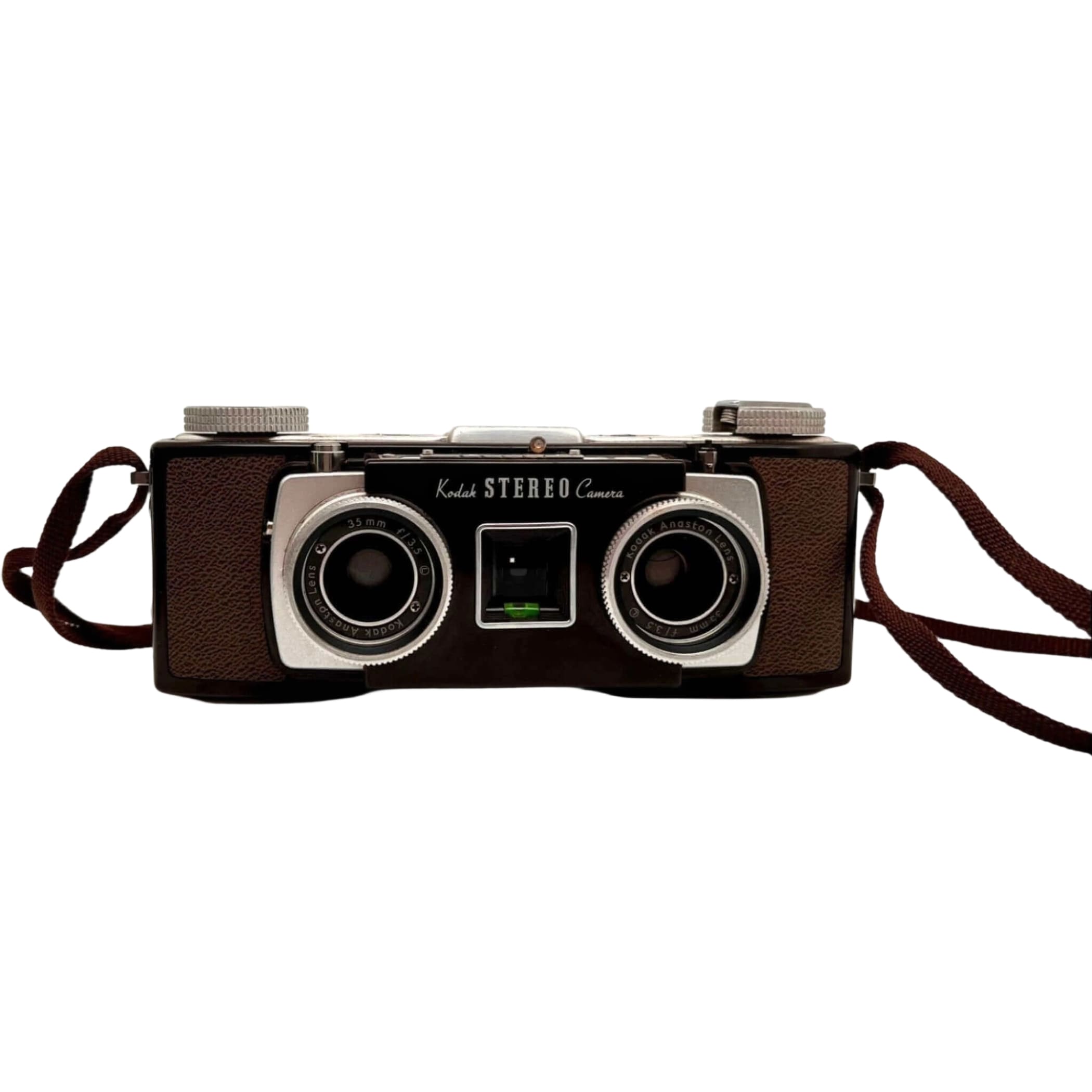 Brown leather-bodied kodak stereo camera with two silver-rimmed lenses and a matching brown strap.