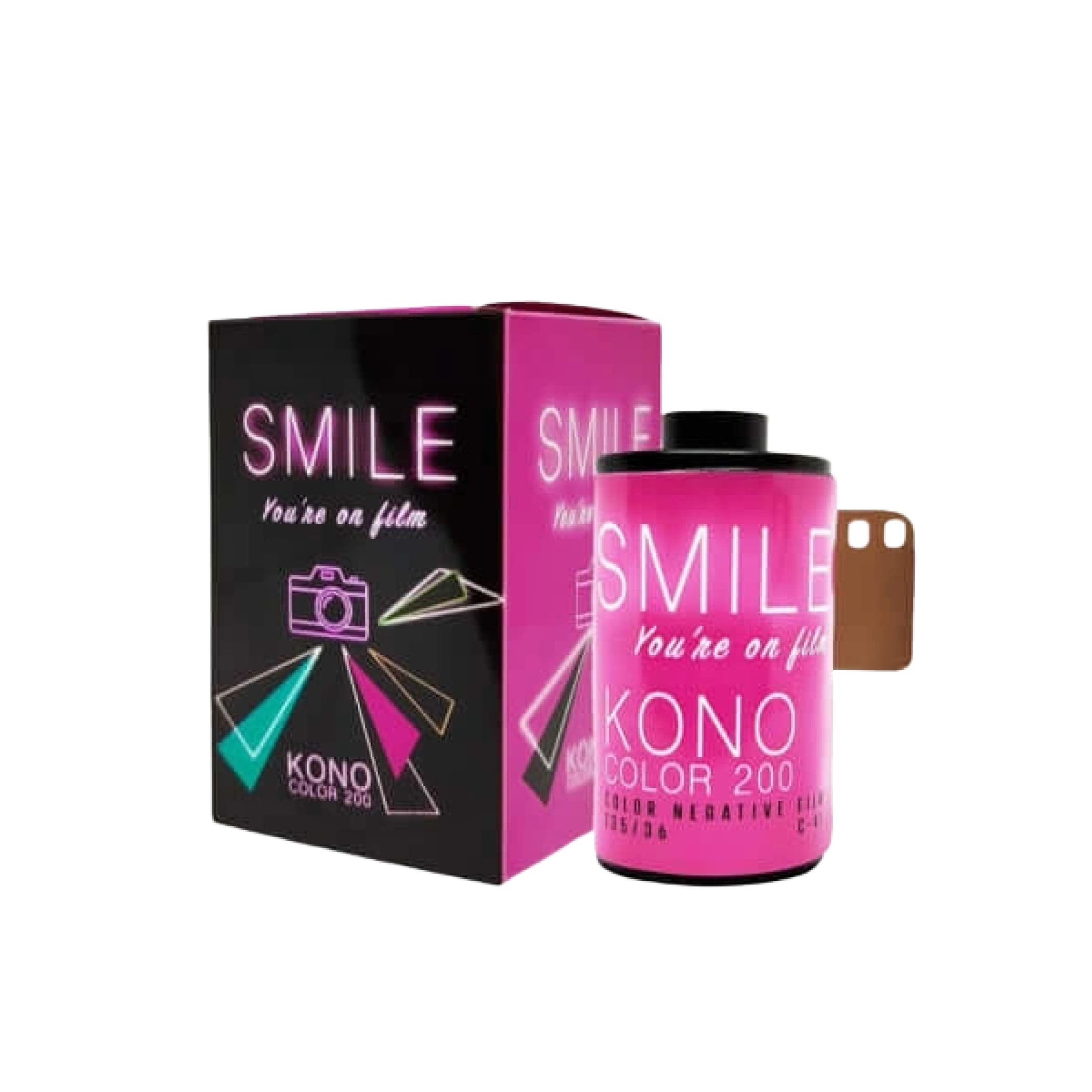 Pink kono color 200 color negative film canister with black top and matching packaging.