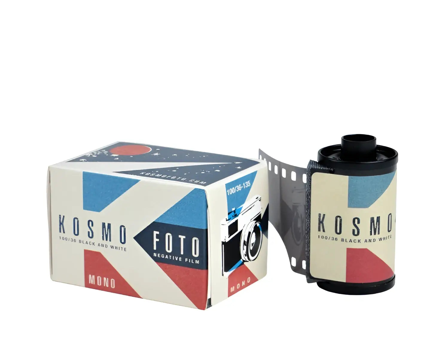 Kosmo foto 100/36 black and white negative film in a retro-style box with blue, red, and cream geometric design.