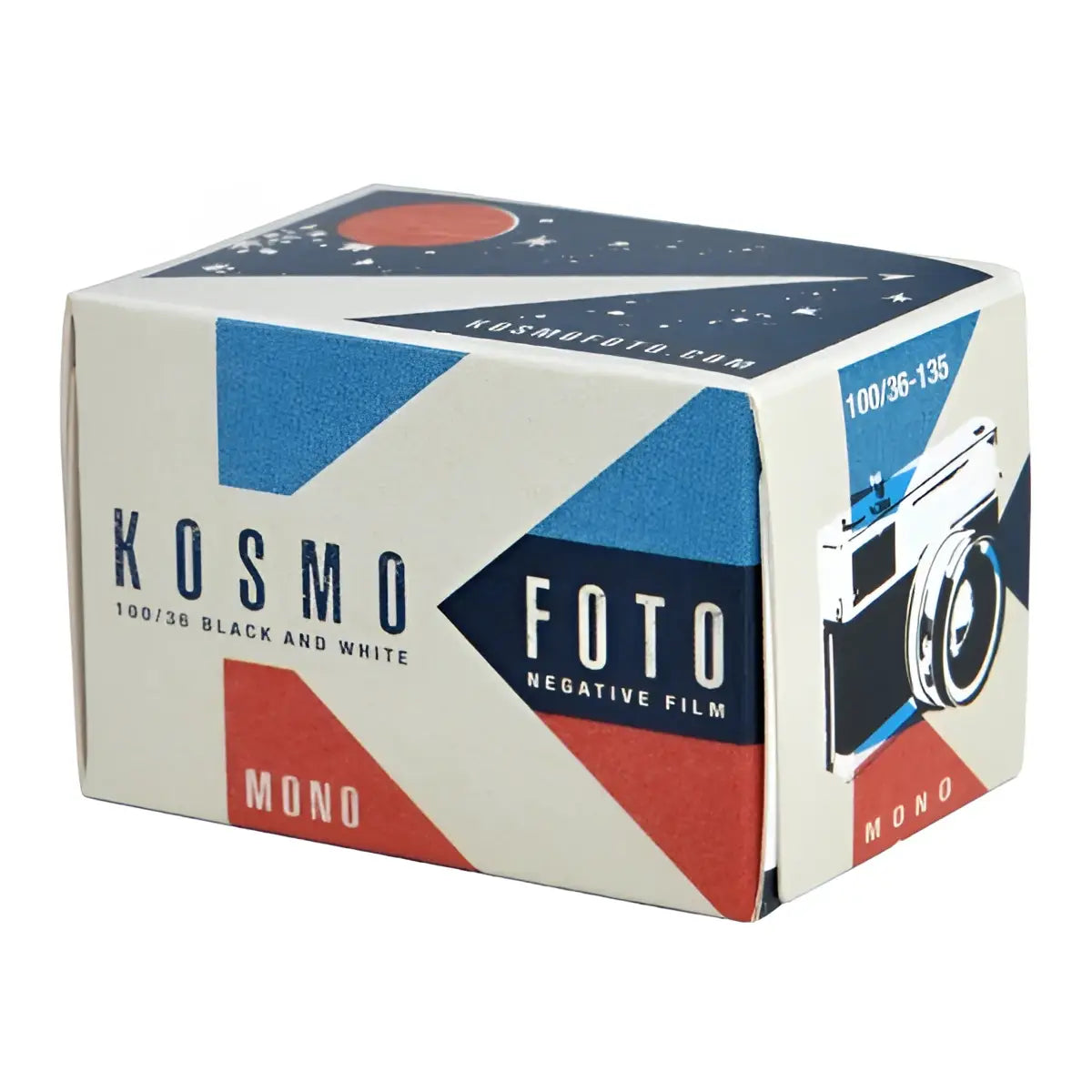 Kosmo foto brand box of 100/36 black and white negative film in a retro-style design with blue, red, and cream-colored geometric patterns.