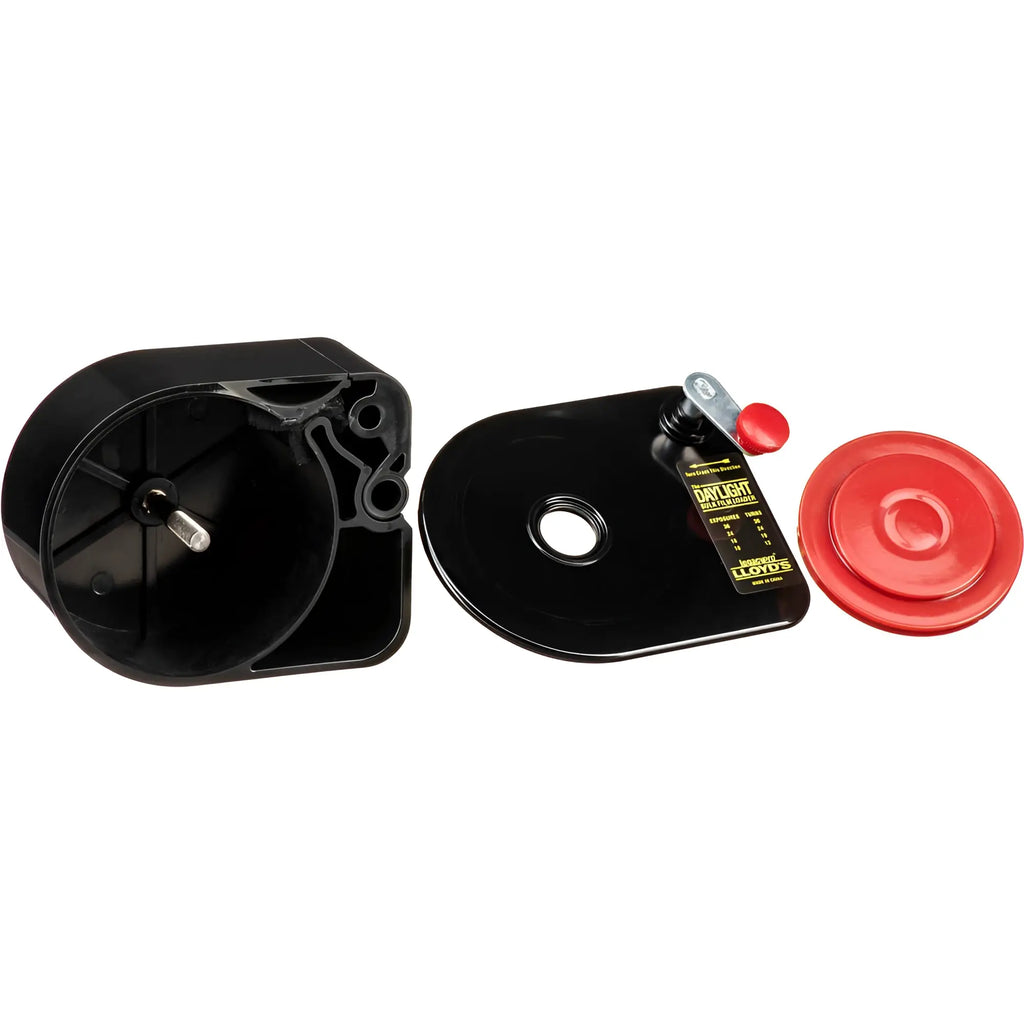 Black plastic legacypro lloyd 35mm bulk film loader spool with red cap and metal handle for 35mm bulk film