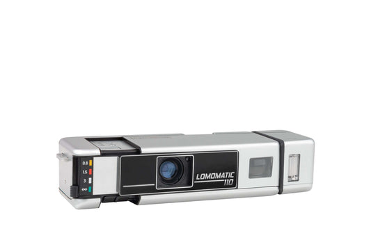 Lomography 110 Pocket Film Camera with Flash in sleek metal design, showcasing premium glass lens and automatic features.