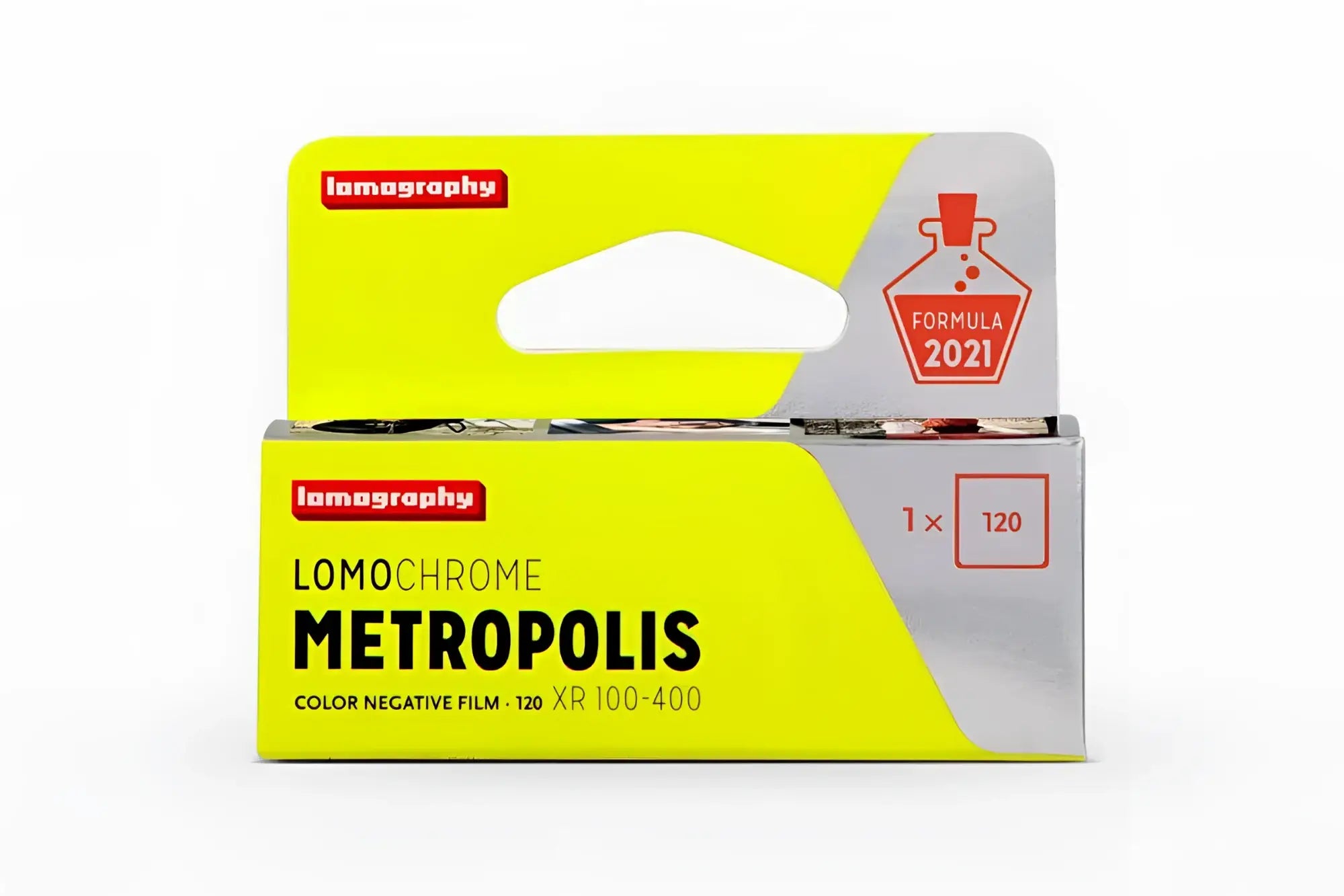 Lomography lomochrome metropolis color negative film in a vibrant yellow and silver package, featuring 120-format xr 100-400 speed.