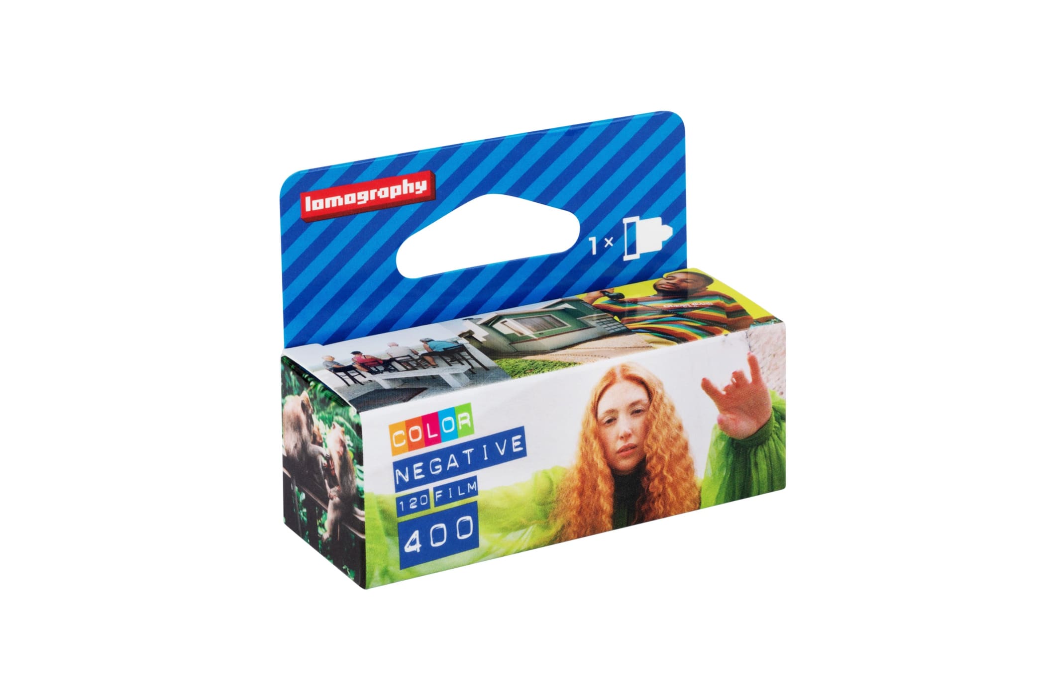 Lomography color negative 120 film, 400 iso, in a vibrant blue and green cardboard box with photographic imagery.