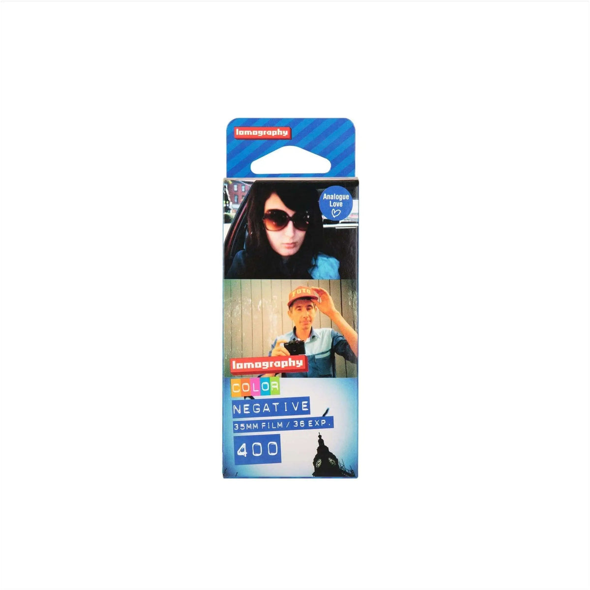 Lomography color negative 35mm film pack, featuring a blue and white cardboard box with images of people wearing sunglasses.