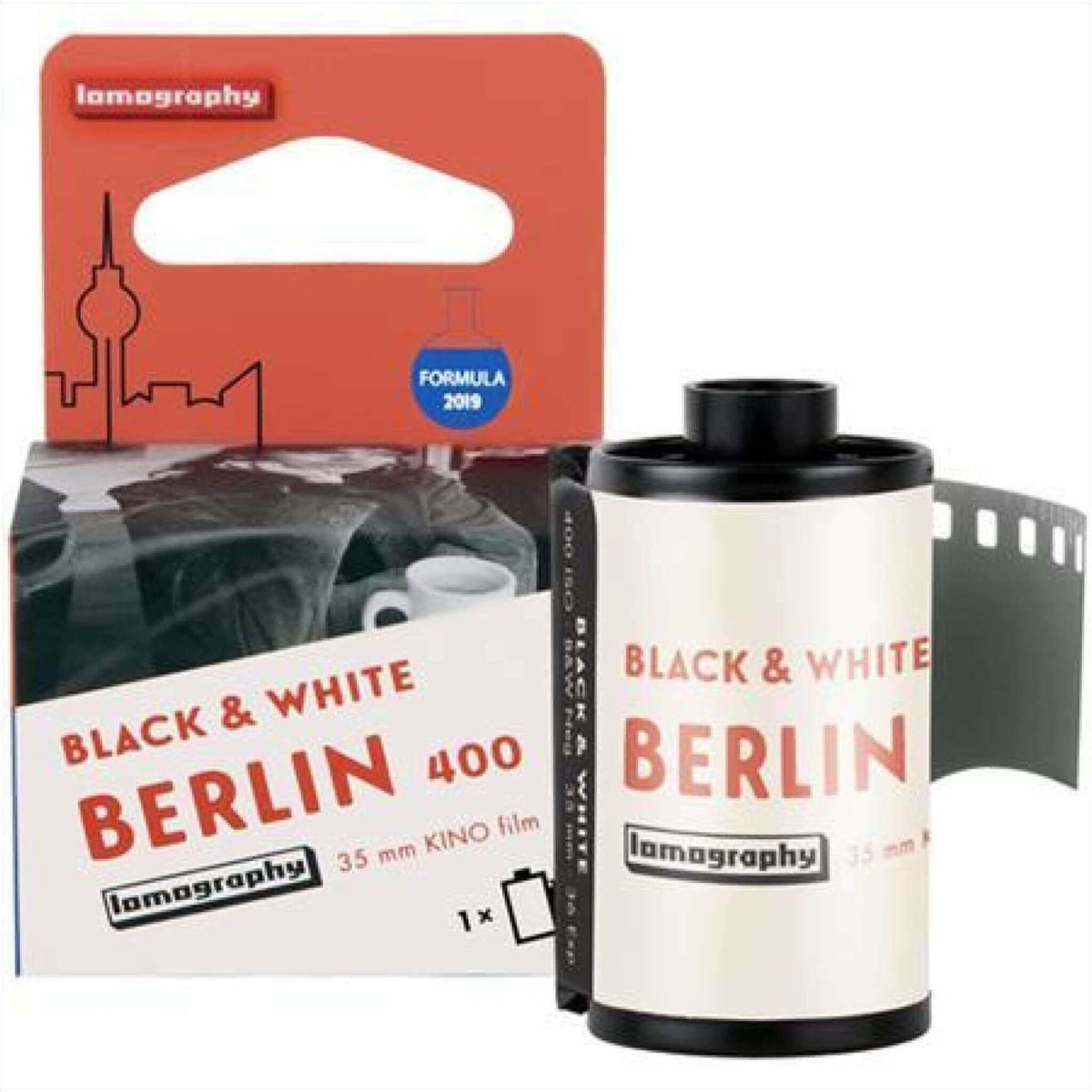 Lomography Berlin Kino 400 ISO Black & White 35mm film roll with packaging, ideal for film photography enthusiasts.
