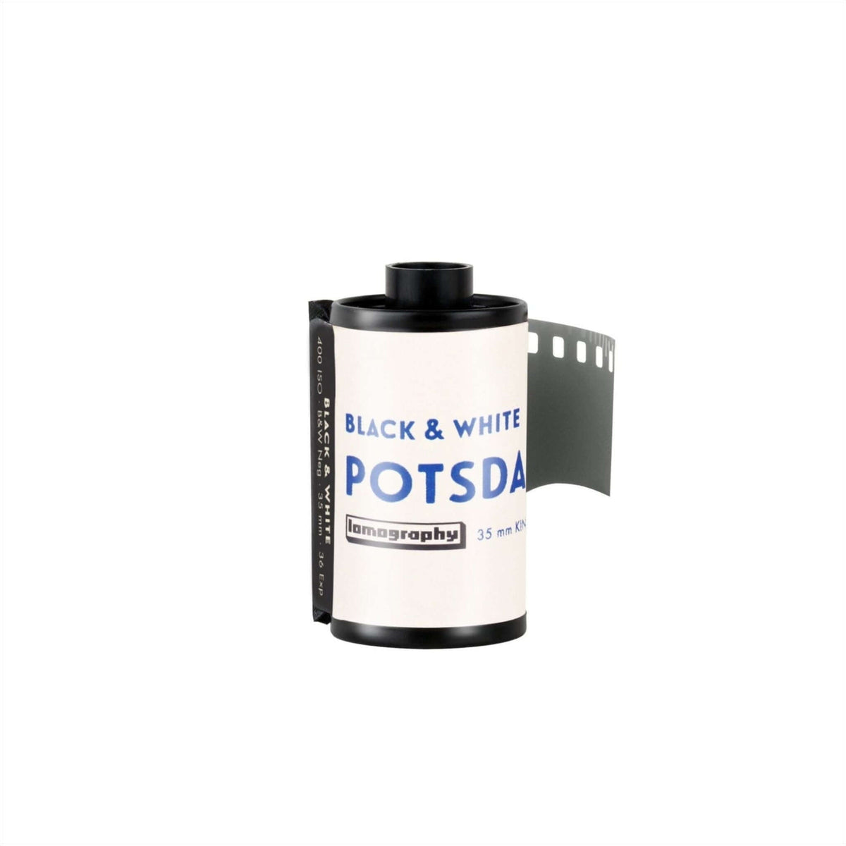 Lomography Potsdam Kino 100 ISO Black and White 35mm film roll with film strip.