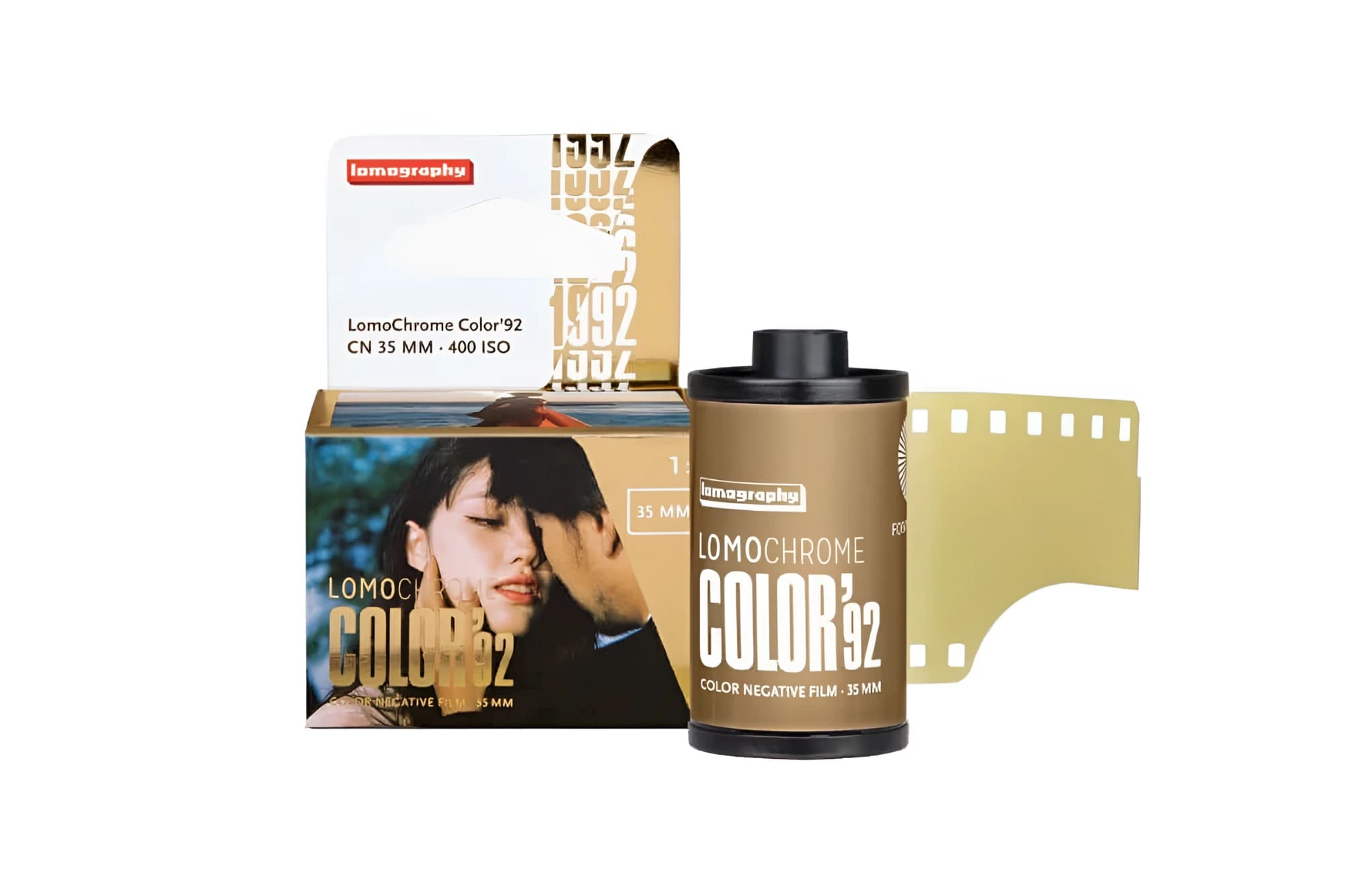 Lomography lomochrome color 92 color negative film in a brown canister with black cap and gold foil accents.