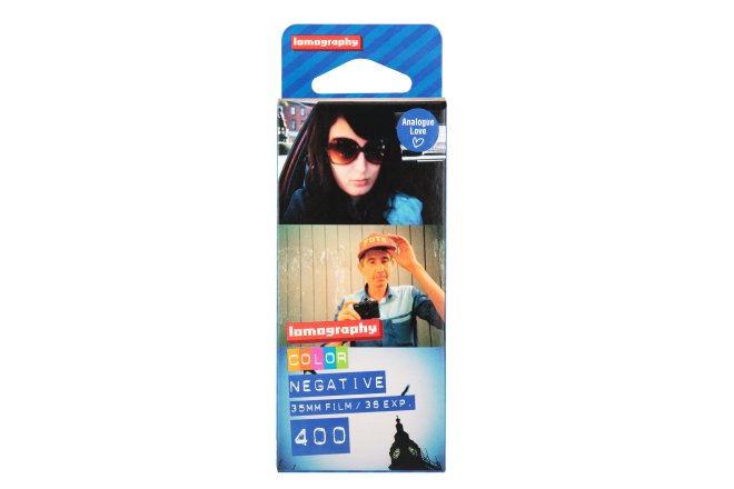 Lomography color negative 400 ISO 35mm film in blue white package at McAllen store