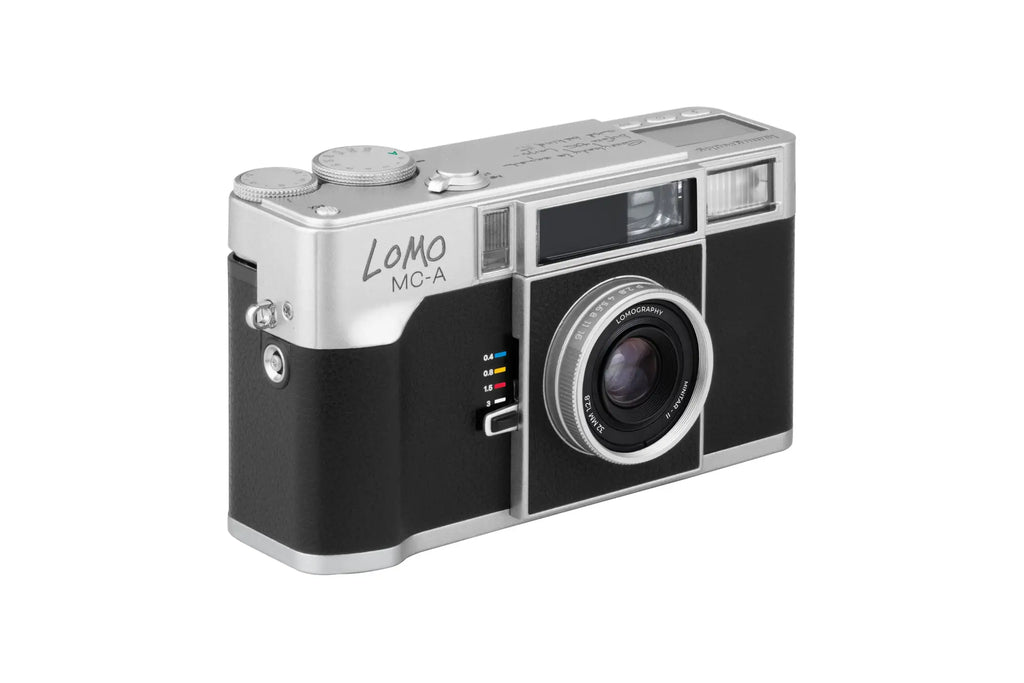 Silver and black lomo mc-a film camera with a classic rangefinder design.