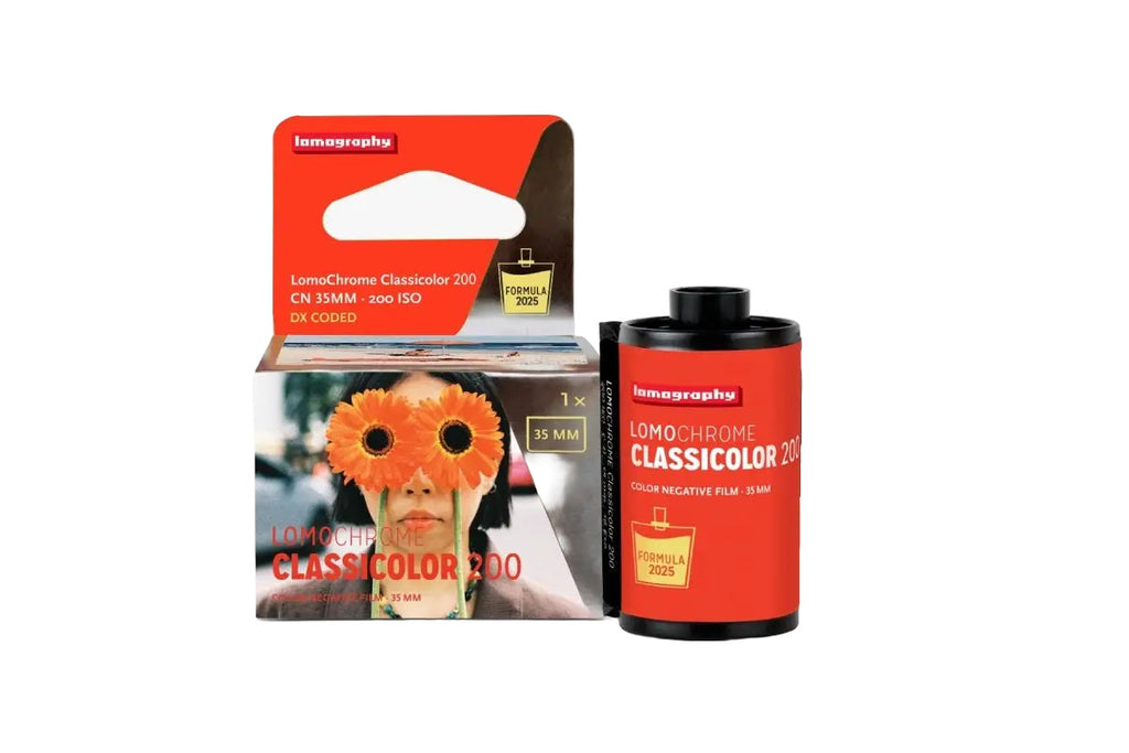 Red lomography lomochrome classicolor 200 color negative film canister with black top and white text.