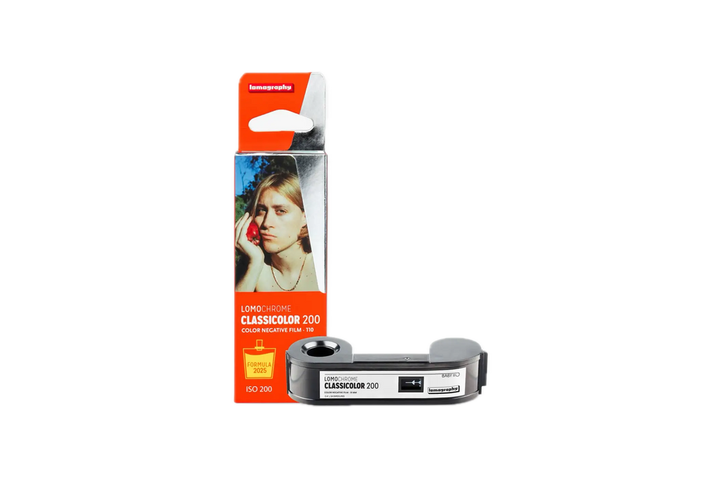 Lomography lomochrome classicolor 200 iso 35mm color negative film in sleek silver and black roll with orange branding accents
