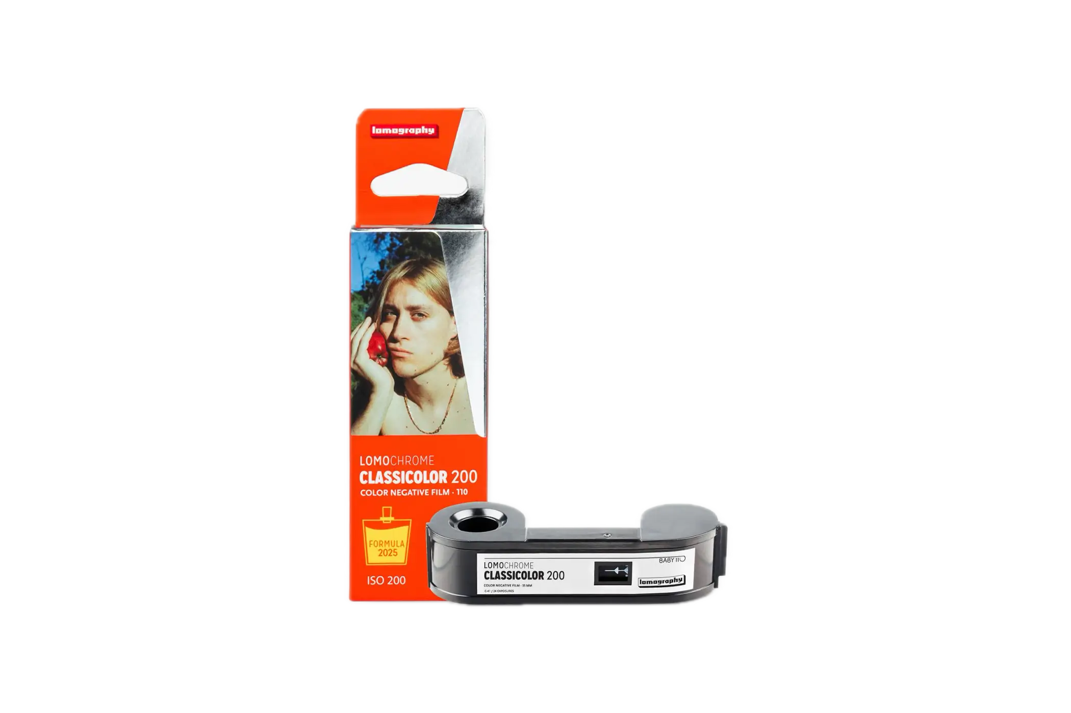 Lomography lomochrome classicolor 200 iso 35mm color negative film in sleek silver and black roll with orange branding accents