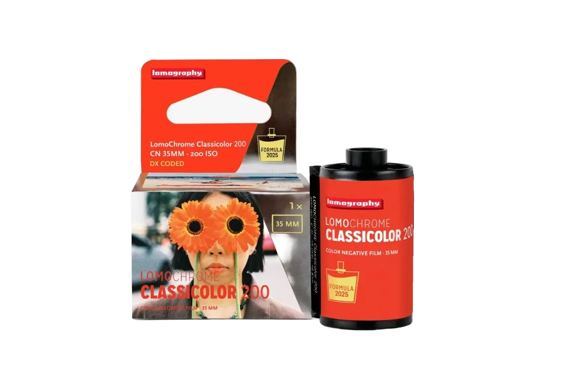 Red lomography lomochrome classicolor 200 color negative film canister with black top and white text.