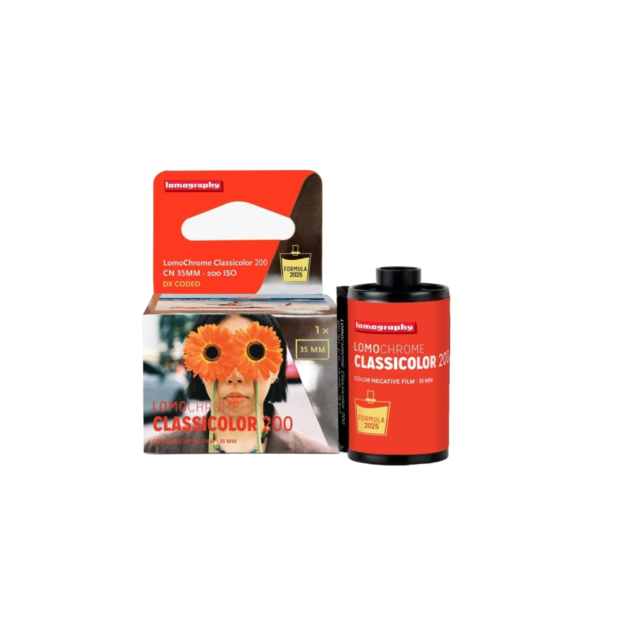 Red lomography lomochrome classicolor 200 color negative film canister with black top and white text.