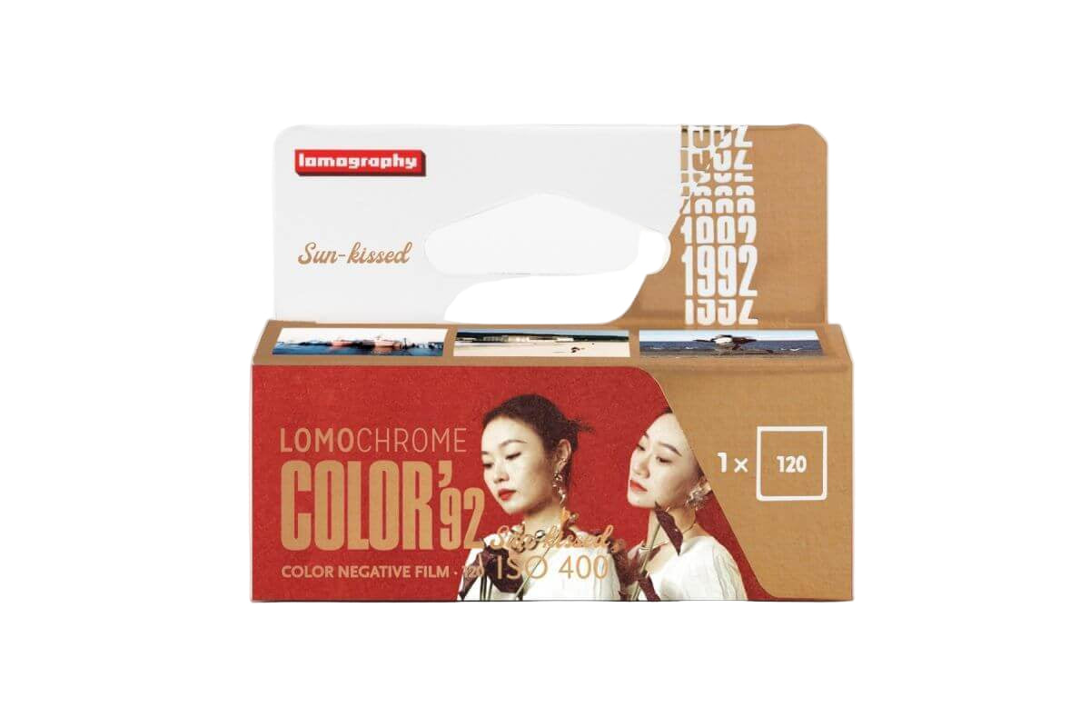 Lomography LomoChrome Color ’92 Sun-kissed ISO 400 film packaging featuring vibrant design for 120 format.