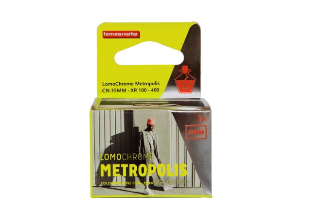 Lomography Lomochrome Metropolis ISO 35mm film in vibrant yellow black package at McAllen store