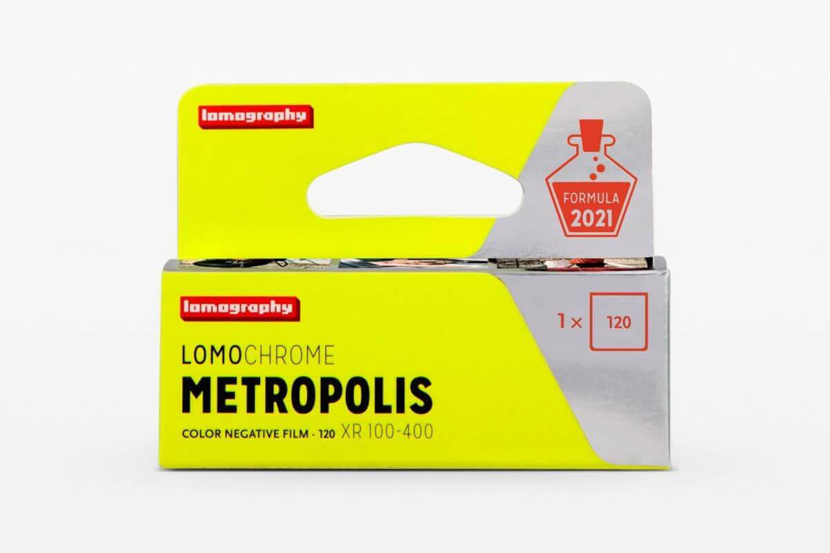 Lomography LomoChrome Metropolis Color 100-400 ISO film, 120 roll, showcasing vibrant packaging design.