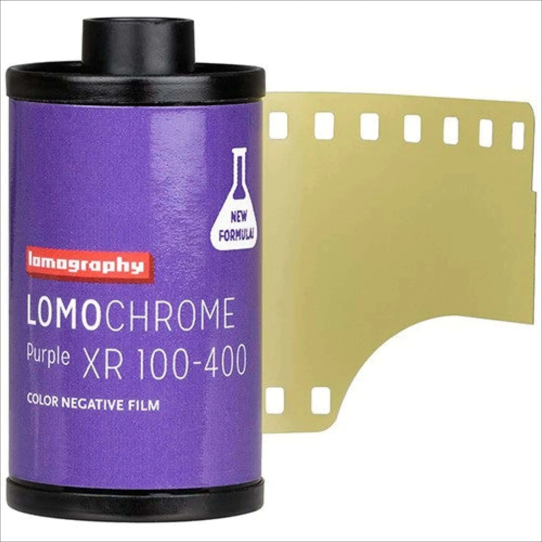 Purple lomography lomochrome purple xr 100-400 color negative film canister with a gold-colored strip of photographic film partially unspooled.