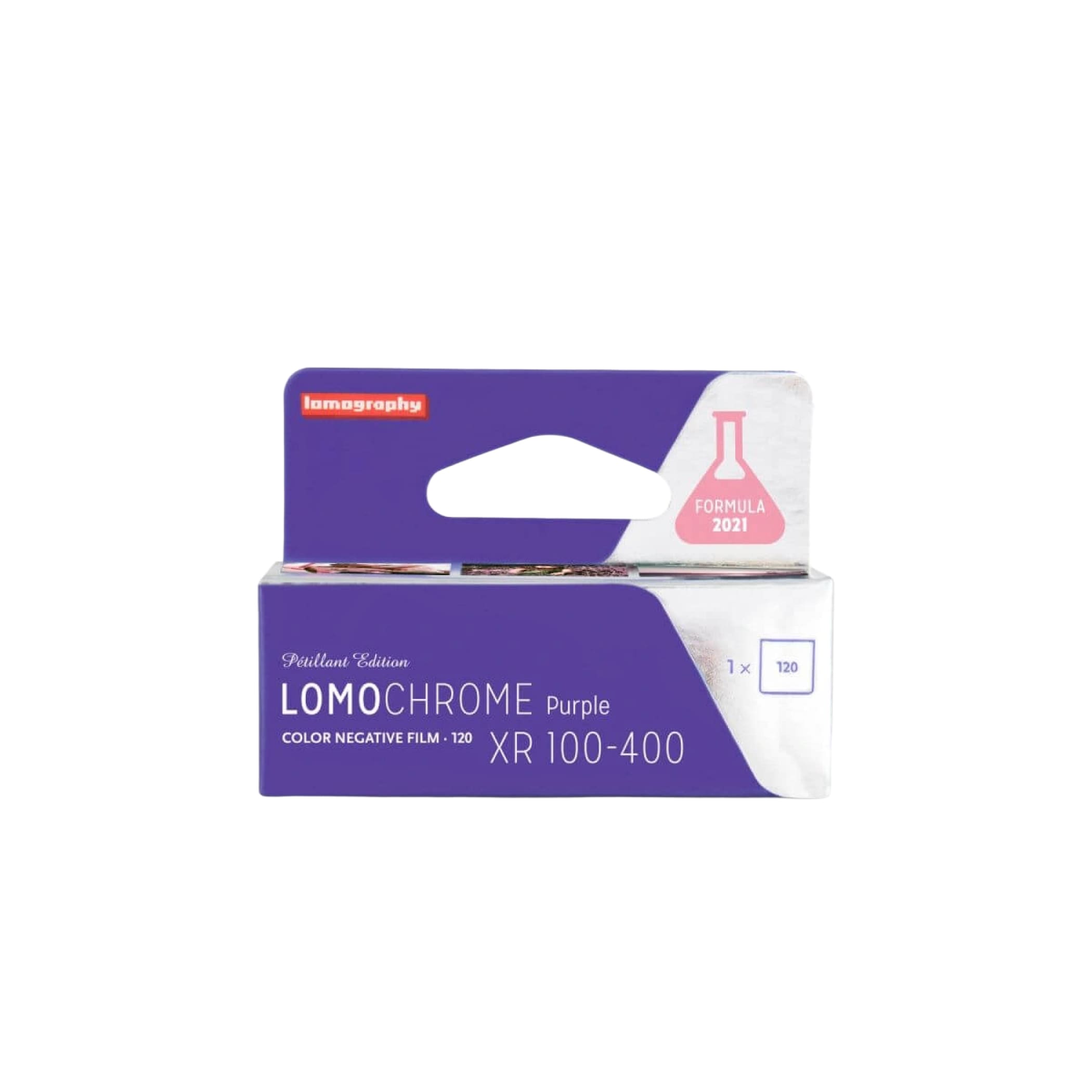 Purple and silver lomochrome purple color negative film box from imagography, featuring a sleek design with ’formula 2021’’ branding.