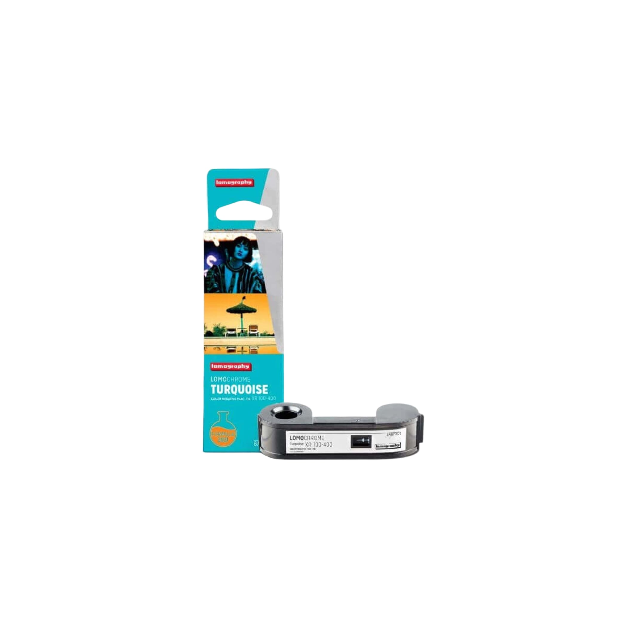 The lomography long chrome turquoise film cartridge, featuring a sleek metallic gray body with black accents and turquoise branding on its packaging.