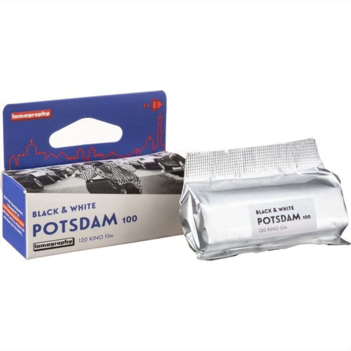 Lomography Potsdam 100 ISO black & white 120 film roll with packaging for photography enthusiasts.