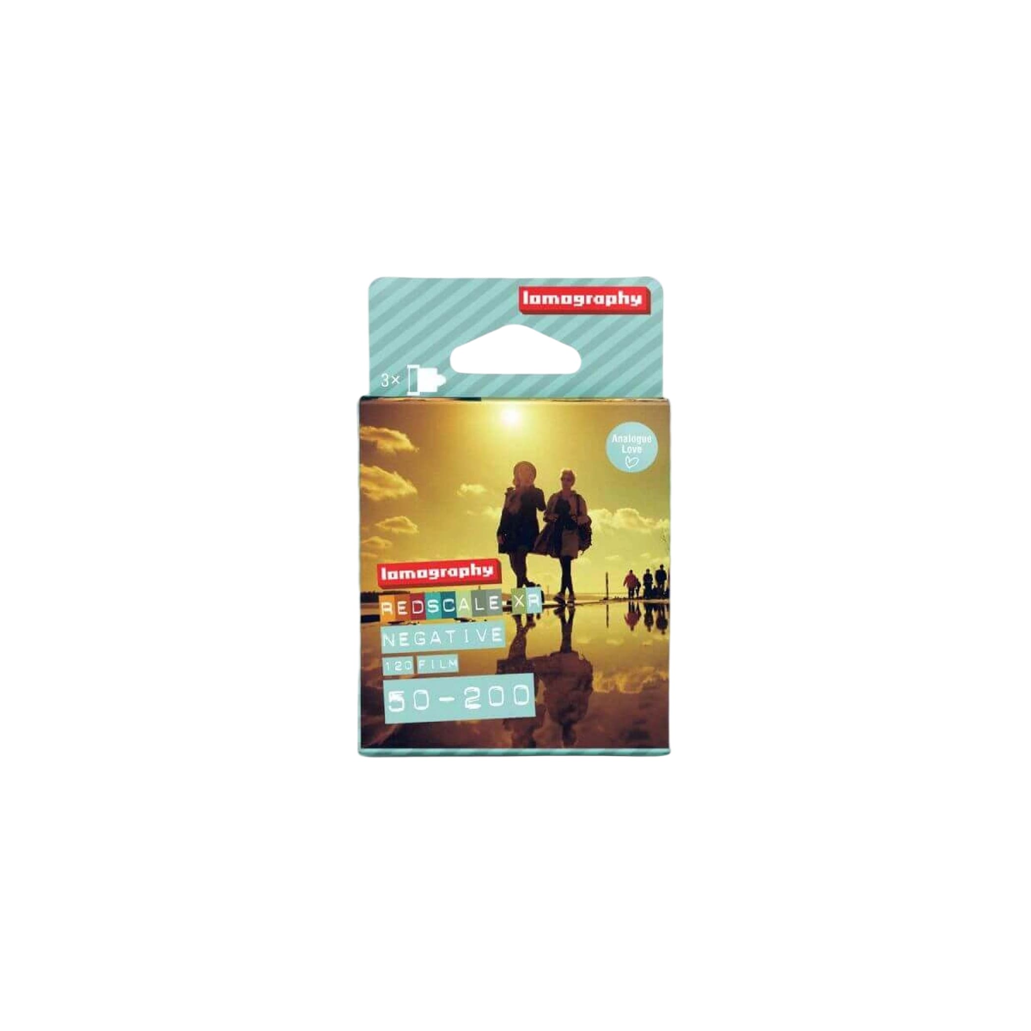 Lomography redscale x negative film pack, featuring a warm sunset image with silhouetted figures on its packaging.