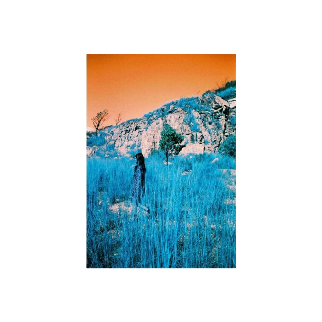 A solitary figure stands in tall, vivid blue grass against a striking orange sky and rocky hillside.