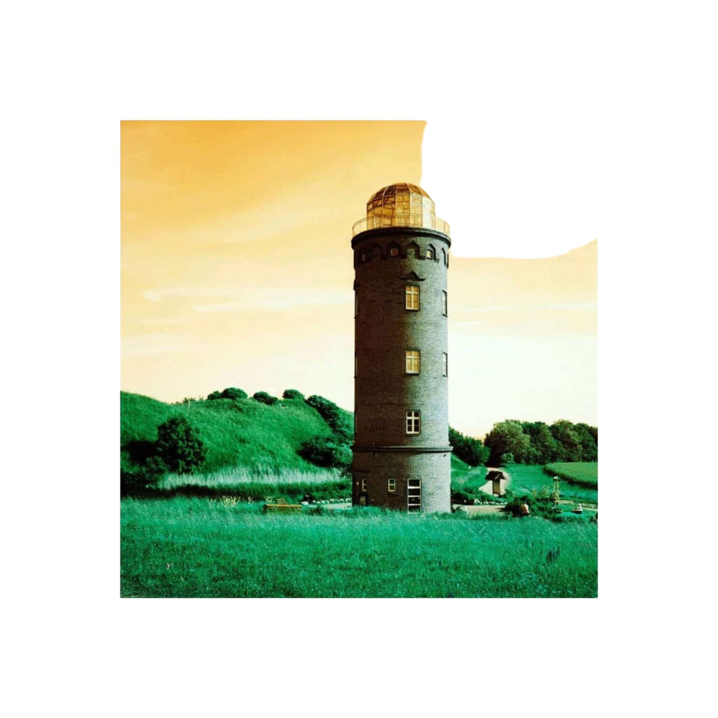 A tall, cylindrical stone tower with a domed top and small windows stands in a lush green field under a warm orange sky.
