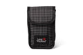 Black and white grid-patterned long weekend phone pouch with a black fabric flap.