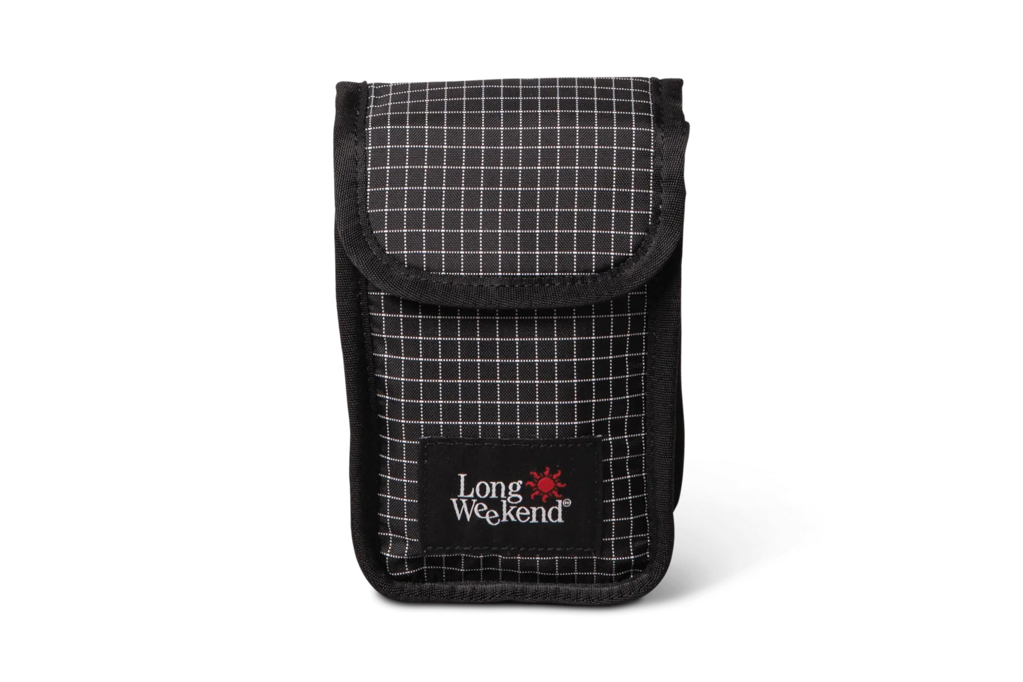 Black and white grid-patterned long weekend phone pouch with a black fabric flap.