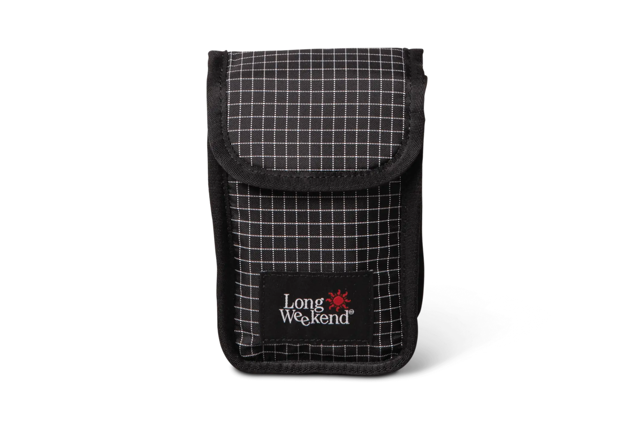 Black and white grid-patterned long weekend phone pouch with a black fabric flap.