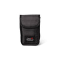 Black and white grid-patterned long weekend phone pouch with a black fabric flap.