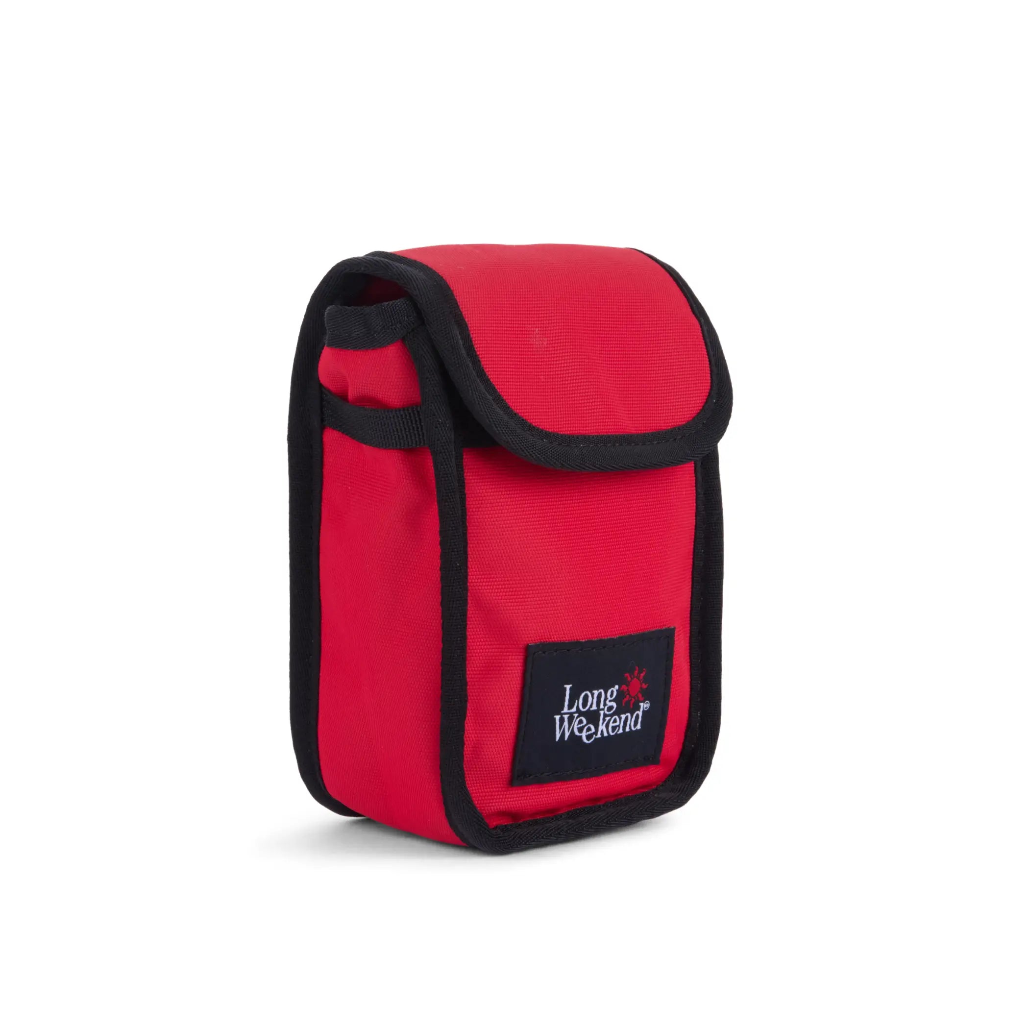 Red and black long weekend camera pouch with flap closure in chili red for secure weekend camera storage