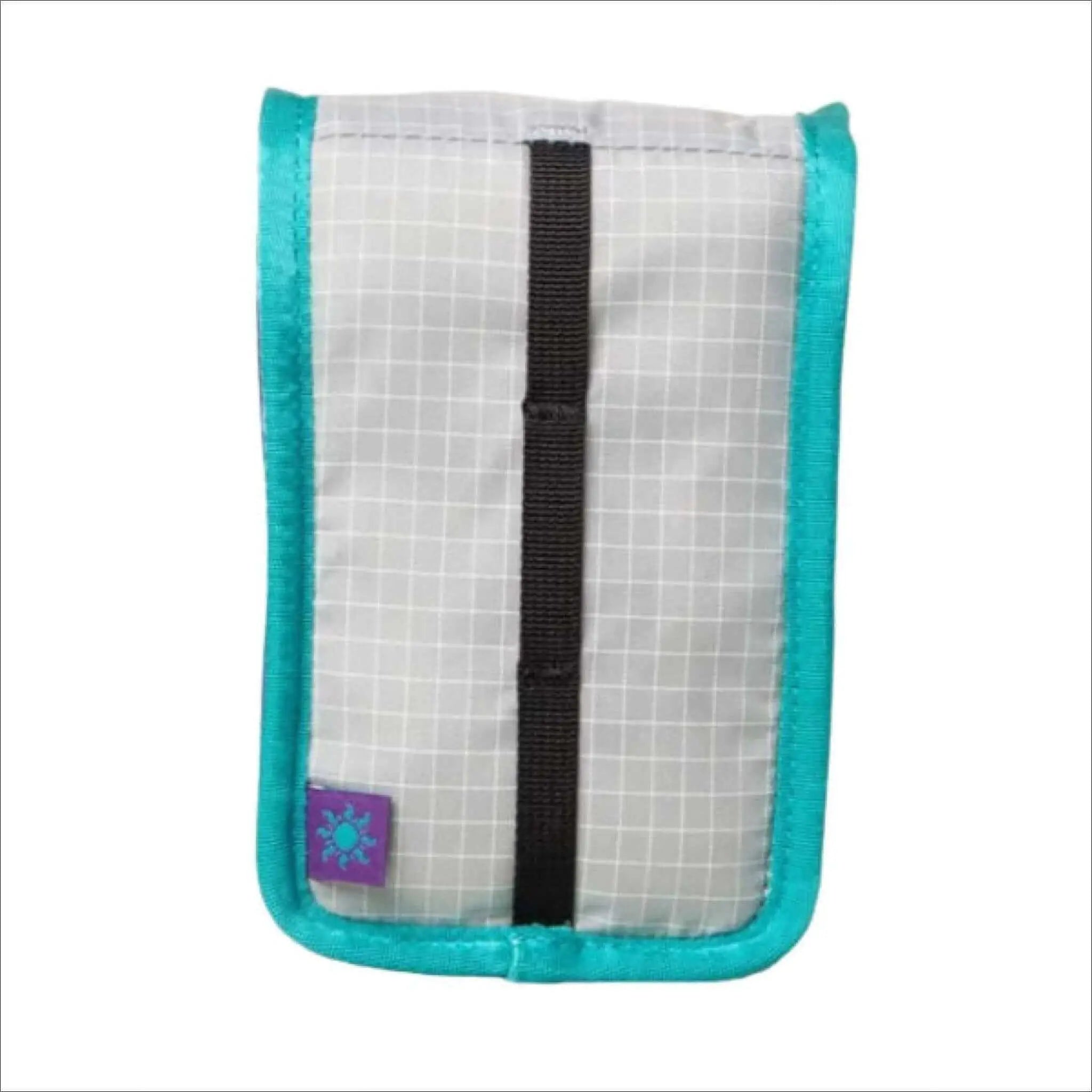 A compact, rectangular pouch with a white grid-patterned fabric body and vibrant teal trim along the edges.