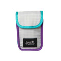 A compact, translucent white grid-patterned phone case with teal and purple trimmings.