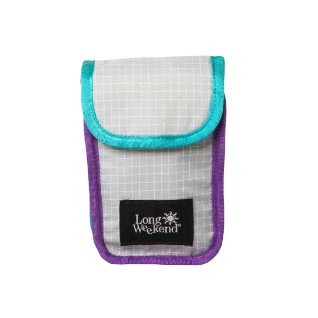 A compact, translucent white grid-patterned phone case with teal and purple trimmings.
