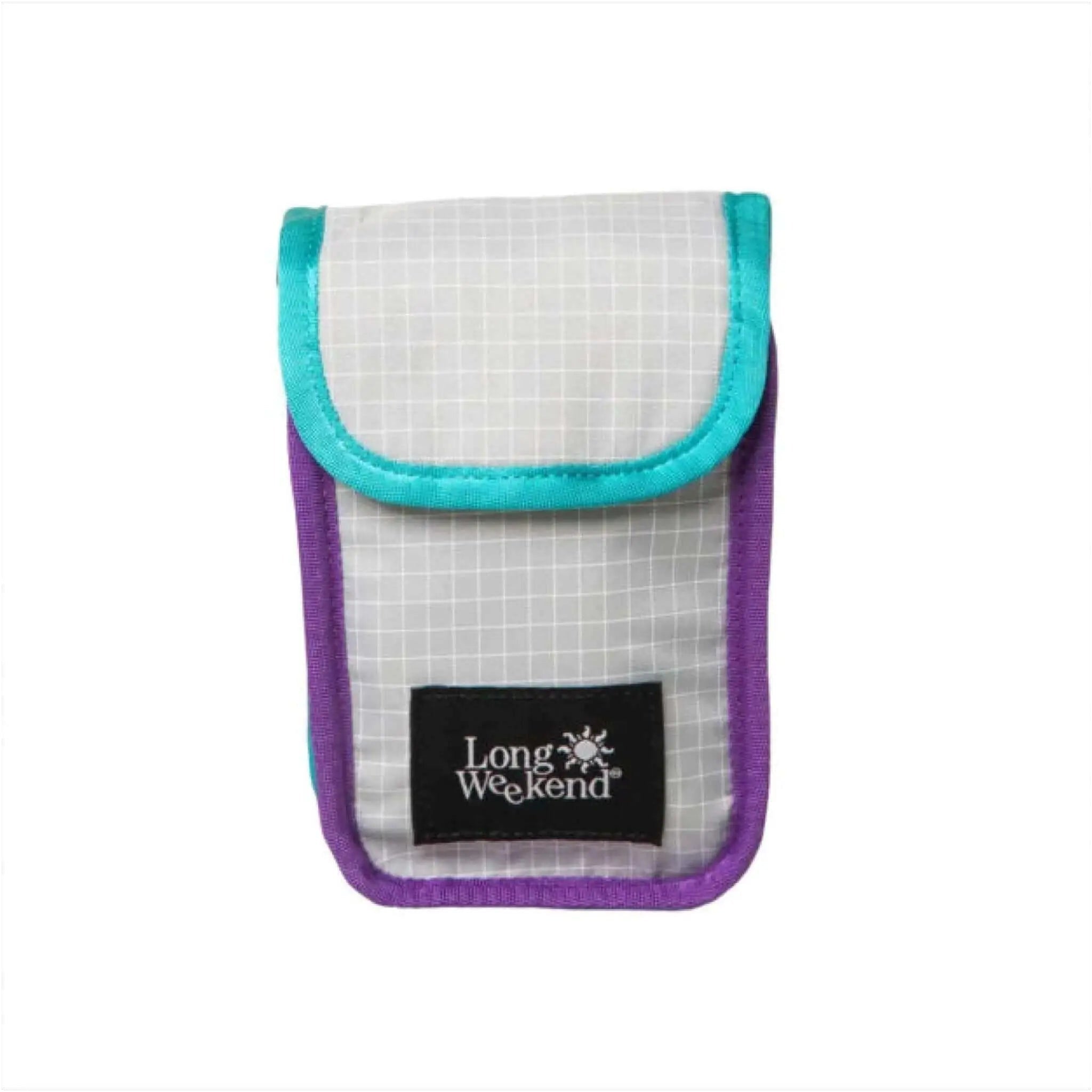 A compact, translucent white grid-patterned phone case with teal and purple trimmings.