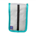A compact, rectangular pouch with a white grid-patterned fabric body and vibrant teal trim along the edges.