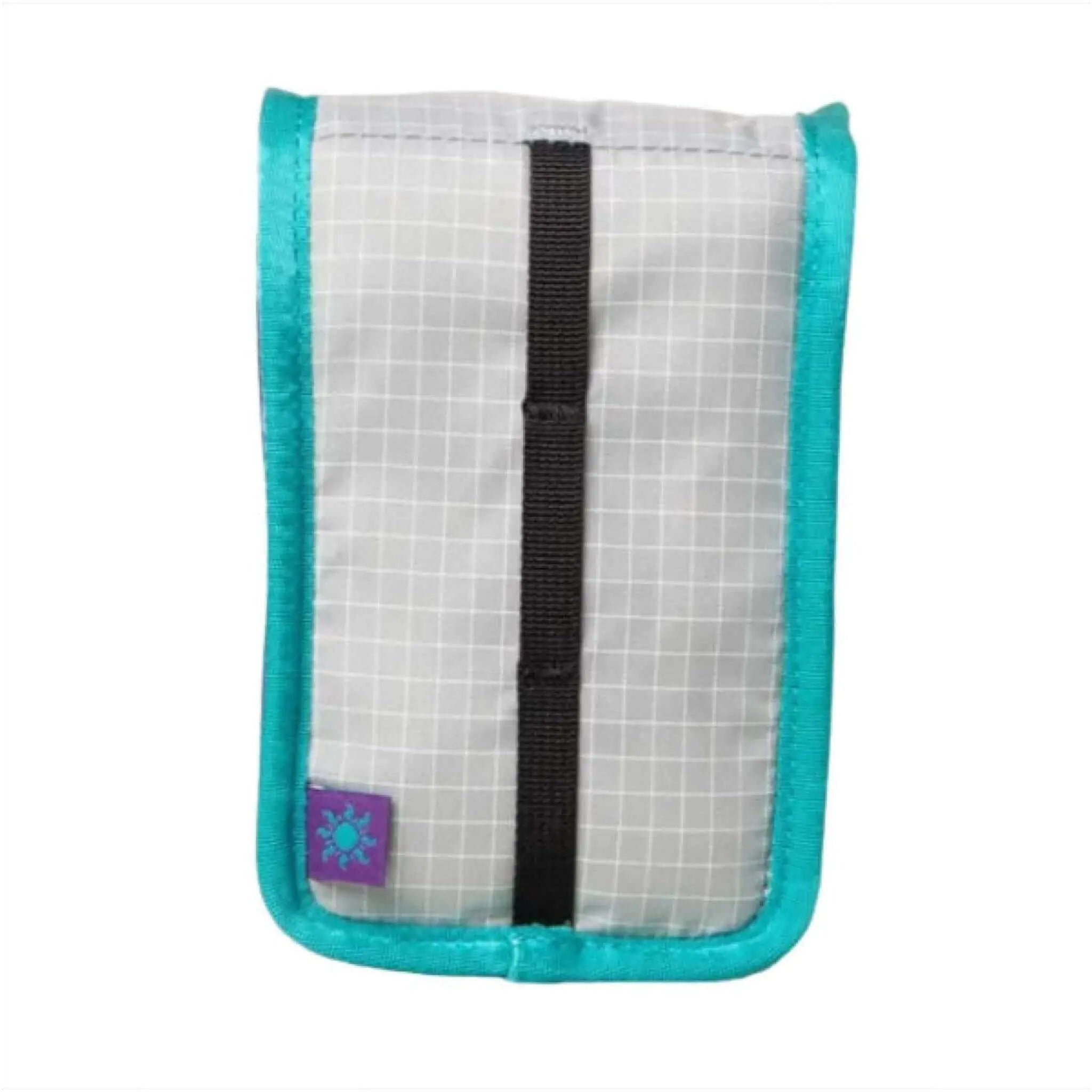 A compact, rectangular pouch with a white grid-patterned fabric body and vibrant teal trim along the edges.
