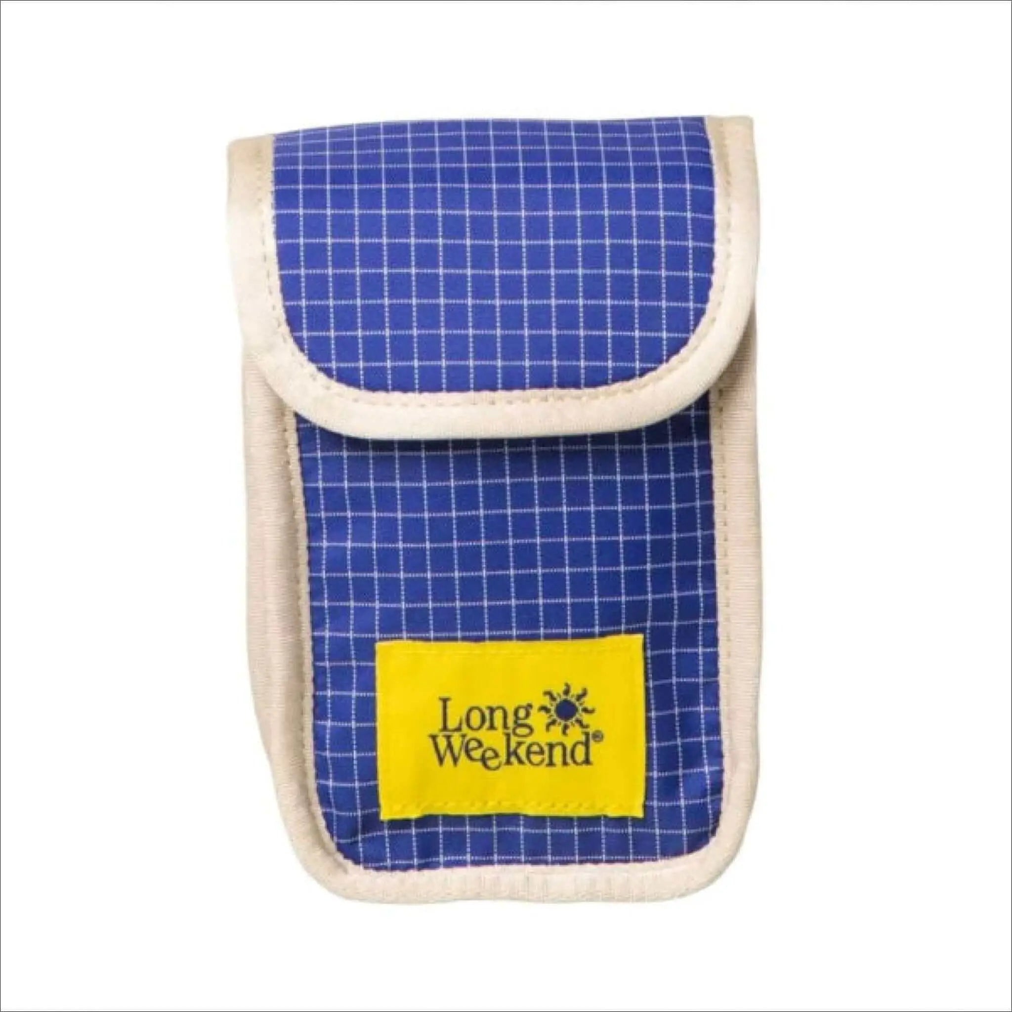 Blue checkered fabric pouch with cream-colored stitched edges and a yellow ’long weekend’ brand label.