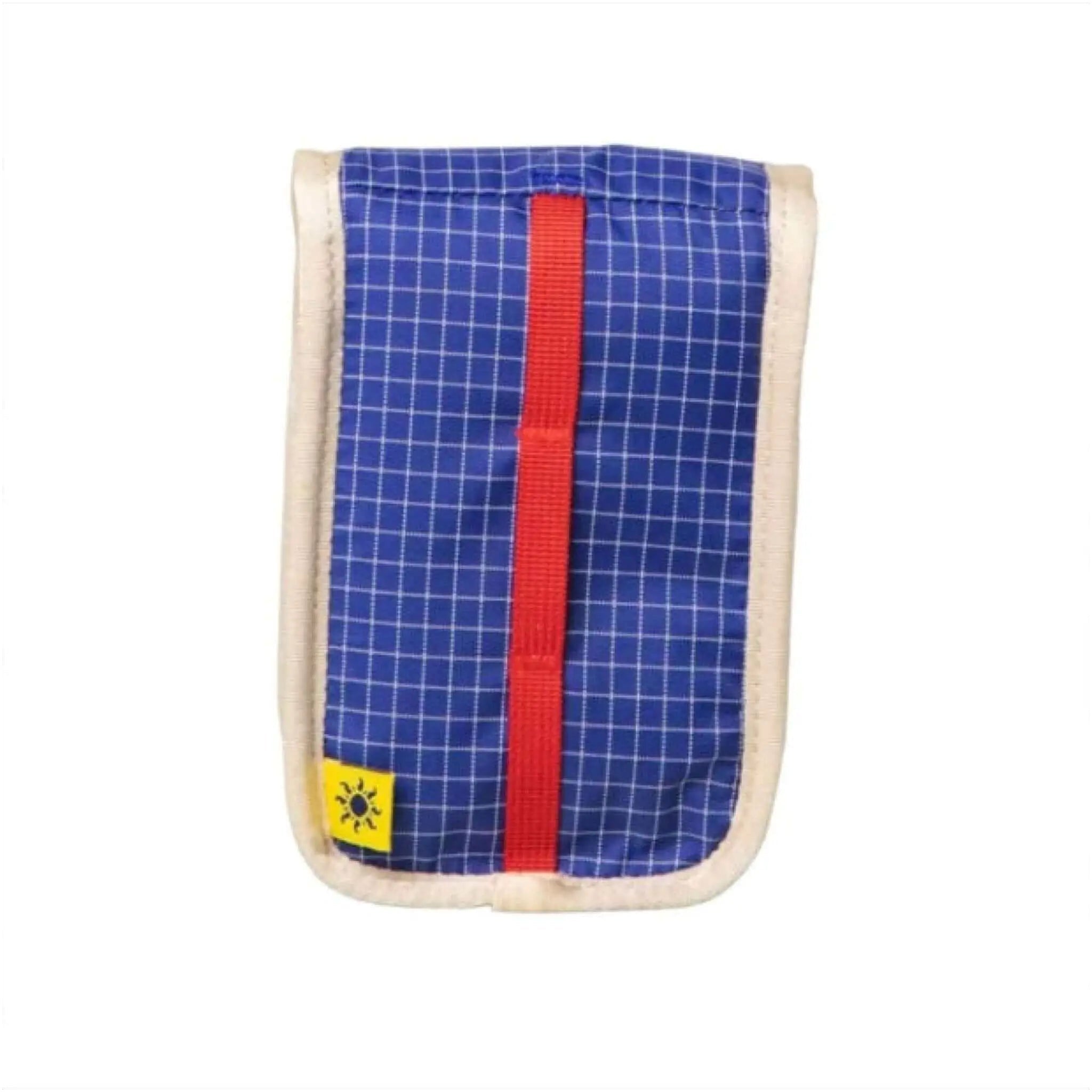Blue checkered fabric pouch with a red vertical strap and cream-colored stitched edges, featuring a small yellow sun logo tag.