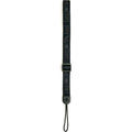Black fabric wrist strap with ’long weekend’ text and sun motifs, featuring a black plastic buckle and end loop.