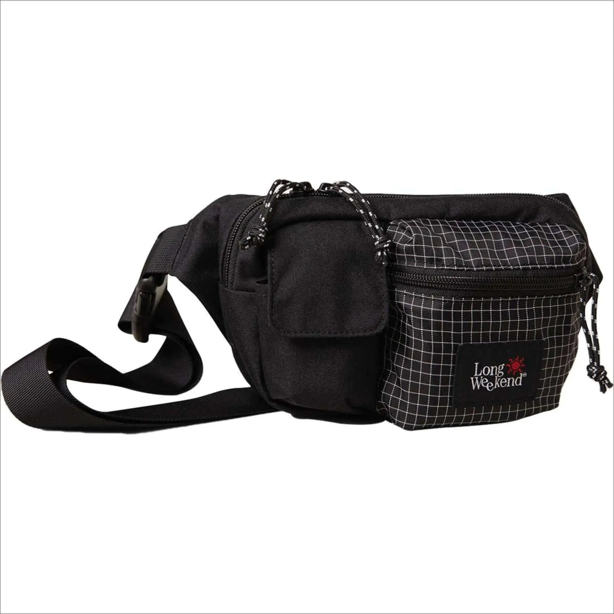 Black long weekend fanny pack with a grid-patterned panel and adjustable strap.